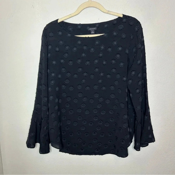 Ann Taylor Black Long Sleeve Blouse with Floral Embellishment Size Medium - Picture 1 of 7